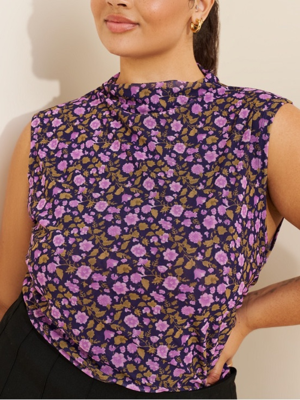 Maeve Purple Floral Mock-Neck Sleeveless Top